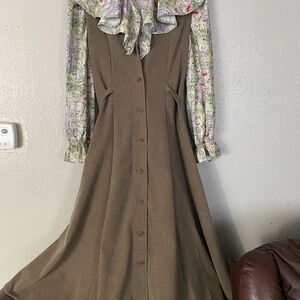 Handmade Vintage Patterned A-Line Dress with Long Bishop Sleeves and Cowl Neck